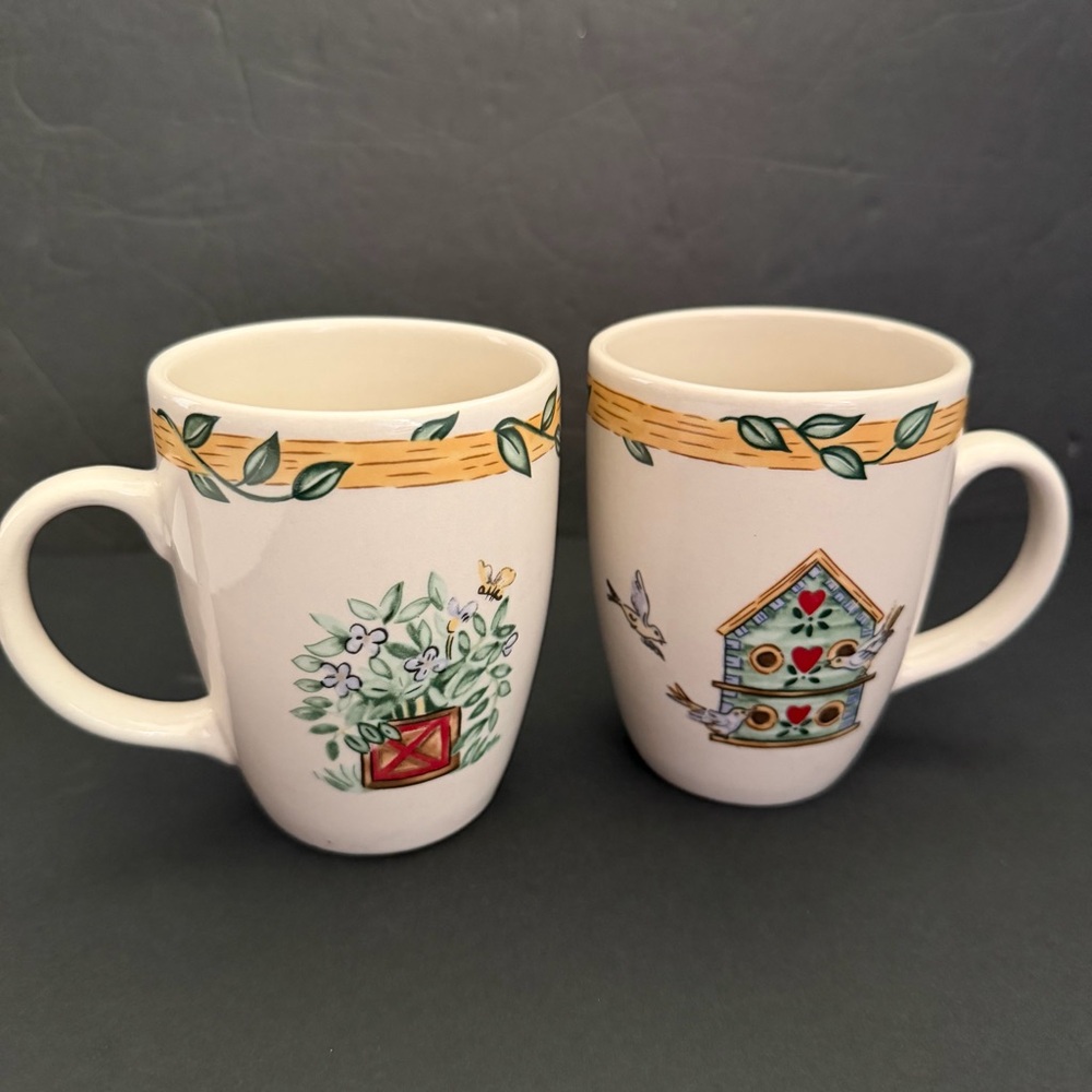 Thompson Cream Mugs with Birdhouses Set of 2